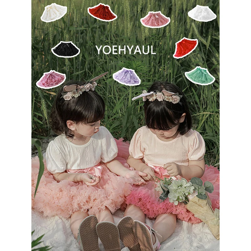 YOEHYAUL 11 Colors Sweet Kids Mini Skirts Elastic Waist Knee-Length Lace Tulle Tutu Skirts for Girls with Bow