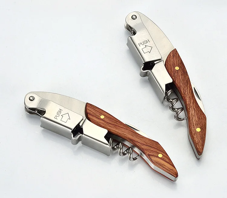 Ywbeyond double hinged wooden handle multi functional rosewood wine corkscrew 3 in 1 wine bottle opener with small knife