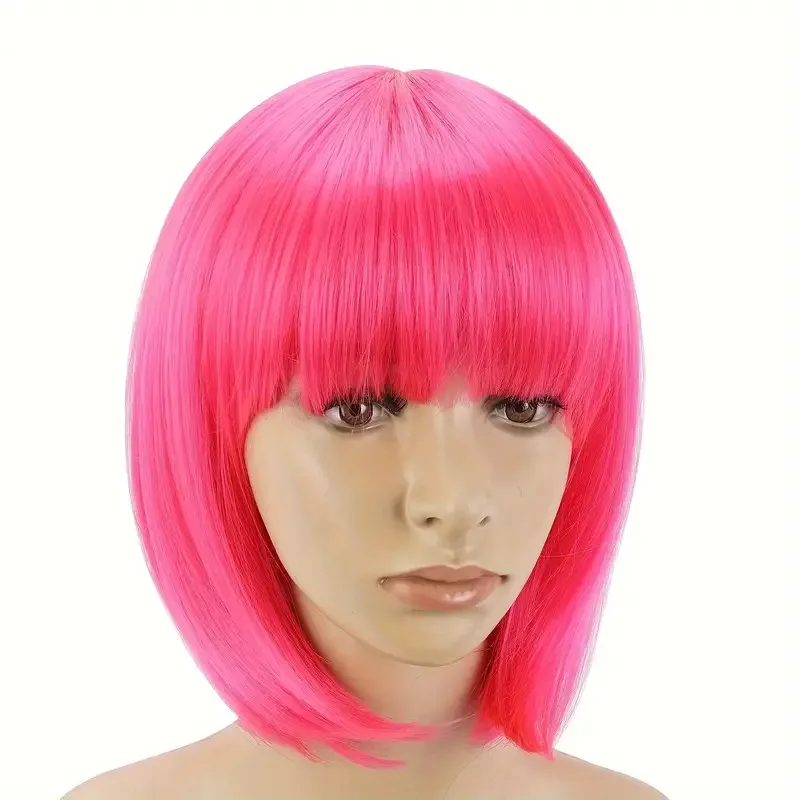 Short Bob Wig With Bangs 12 Inch Straight Bob Synthetic Wigs Colorful Wigs For Cosplay Party Daily Use