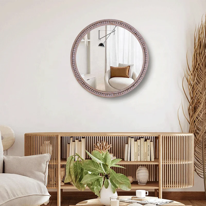 Rustic Round Wooden Frame Wall Mirror Hanging Ornate Round Wall Mirror Wall Decorations For Home