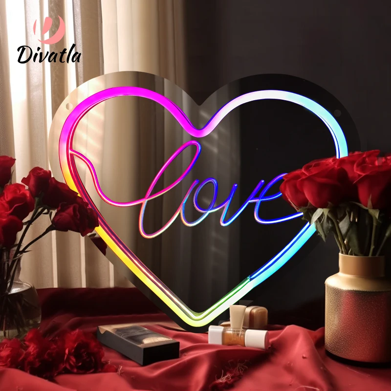 Divatla Custom Personalized Love Dreamcolor Neon Mirror With Led Light For Wedding Bedroom Decor Neon Light Mirror