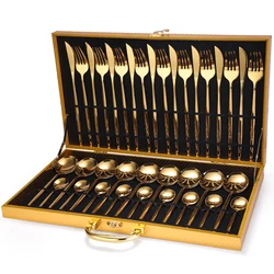 Wooden Box Spoon Fork Knife Besteck 36pcs Stainless Steel Flatware Cutlery Set