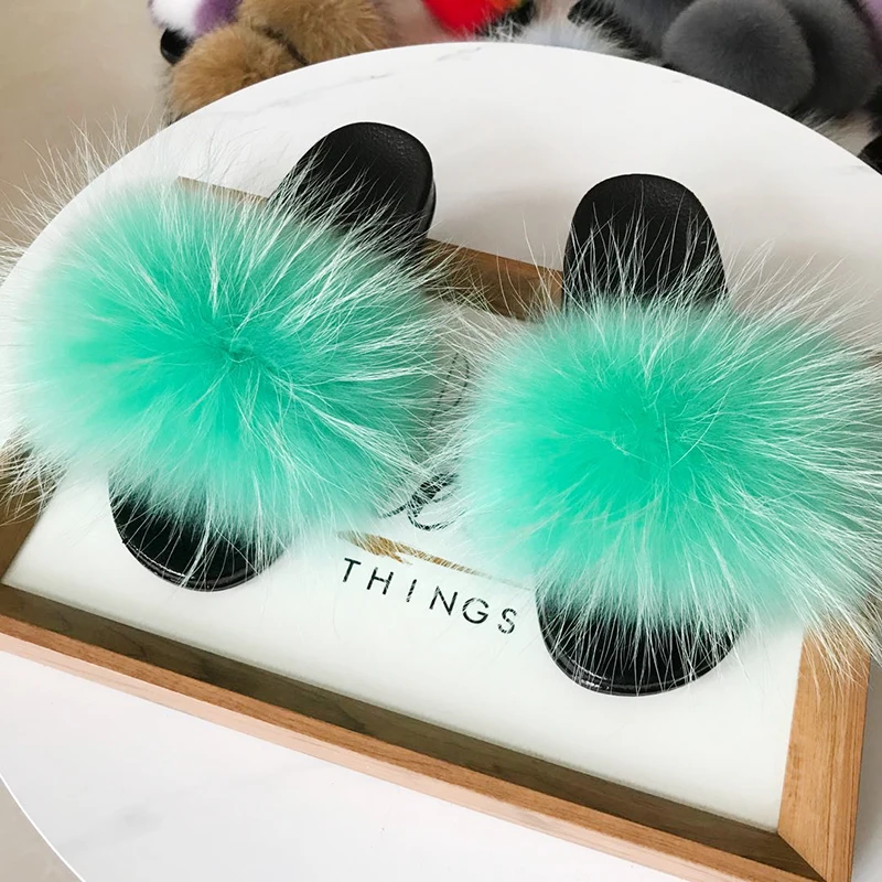 
2020 Summer Shoes Women Home Flat Sandals Female Cute Fluffy Brand Luxury Fluffy Raccoon Fur Slippers 
