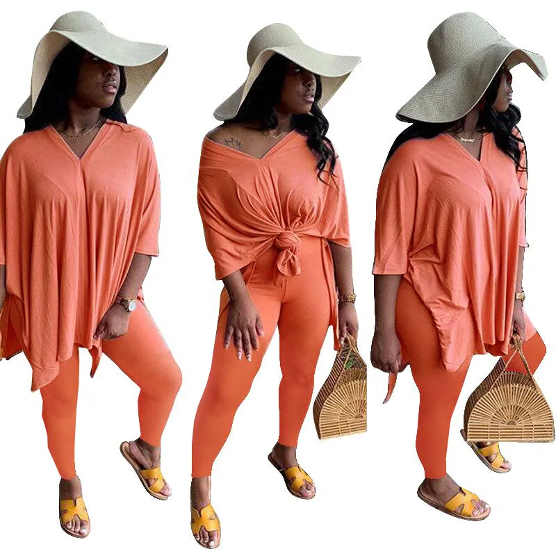 
2021 Fashion Casual Solid Color Plus Size Knotted Two Piece Set Women Clothing Fall Outfits Suit 