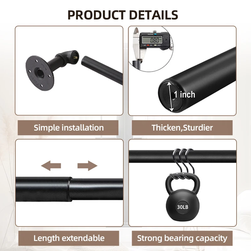 ARODDY 3m Heavy-Duty Black Iron Curtain Rod Set 66-144 Inch Adjustable Rustic Modern Design Metal Pole Home Outdoor Patio Window