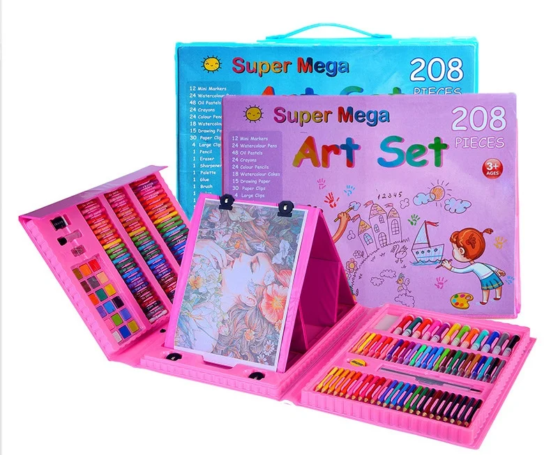 Children Graffiti Board Toys 208 Piece Brush Set Water Color Crayons Oil Wax Sticks Children Brush Set