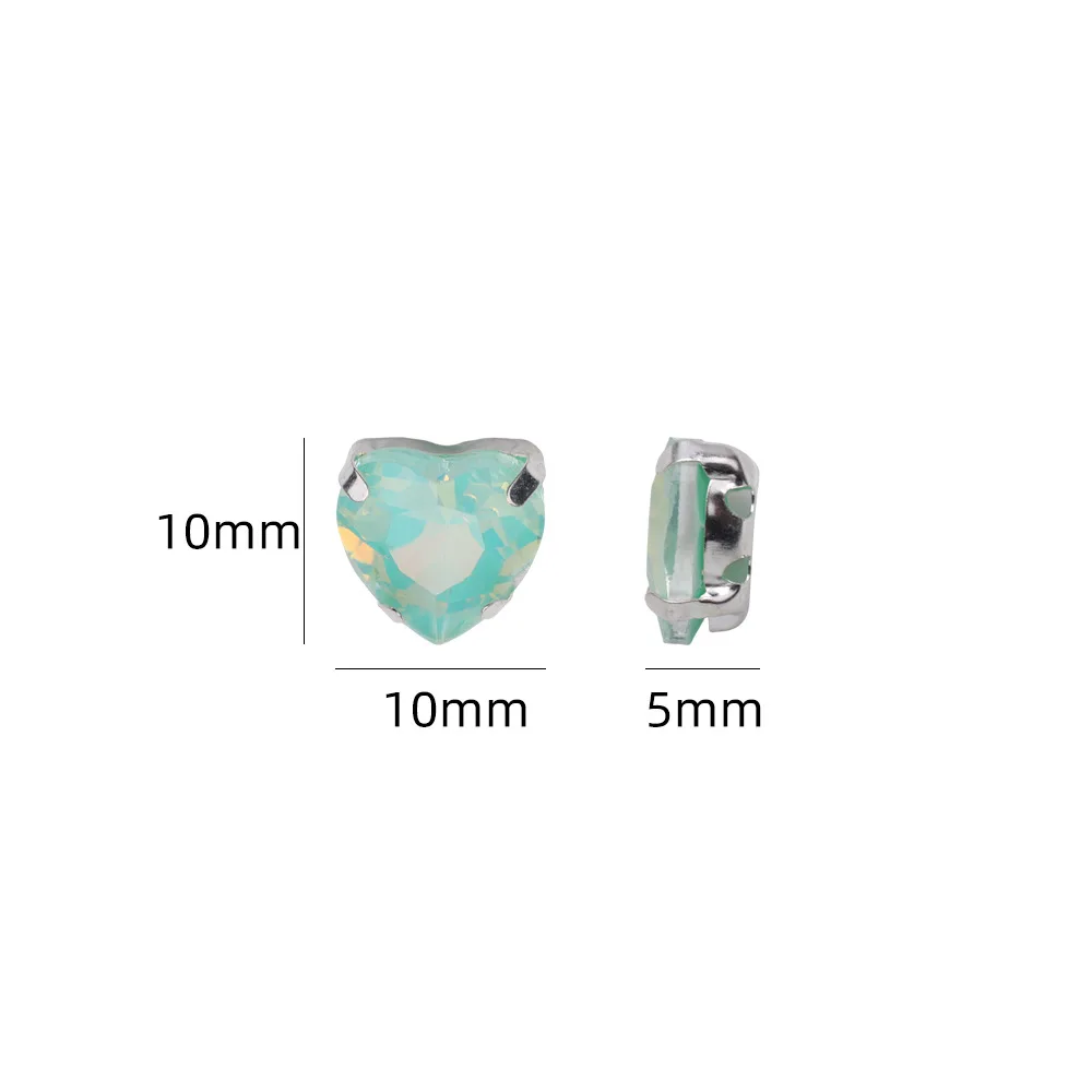 SZ Wholesale 10mm Heart Glass Sew On Rhinestones Mocha Opal AB Crystal Perforate Setting Claw Strass For Clothe Wedding Shoes