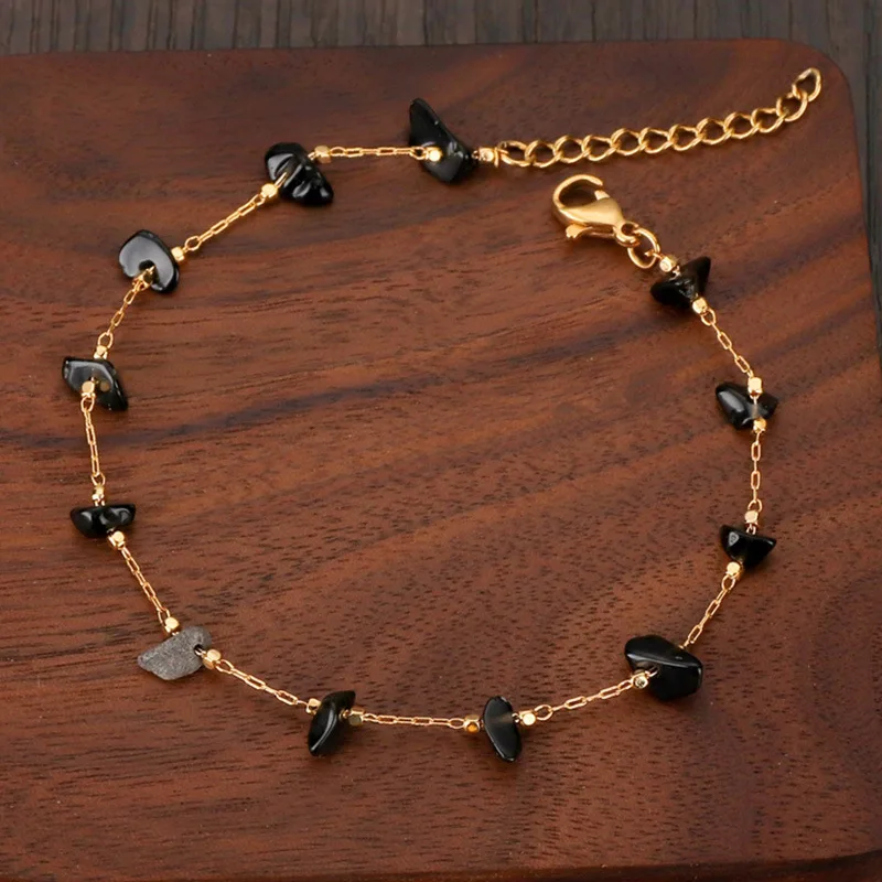 New Natural Stone Rose Quartz Tiger Eye Beads Bracelet Gold Plated Stainless Steel Chain Crushed Natural Stone Bracelet