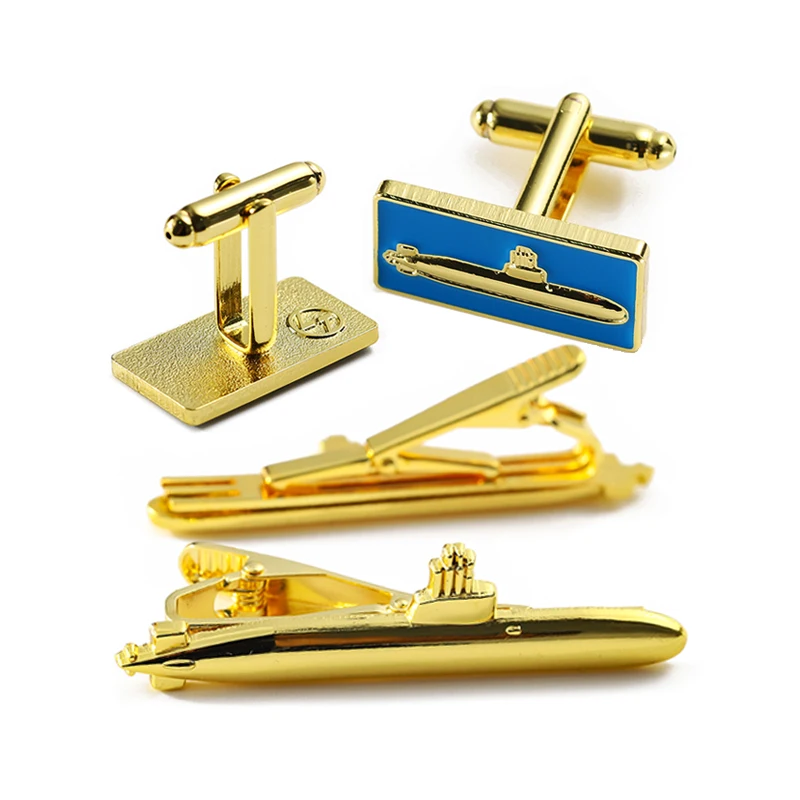 OEM Make Your Own Company Logo 3D Metal Brass Zinc Alloy Gold Clip On Tie Pin Clip Bars Cufflinks Sets For Men Luxury