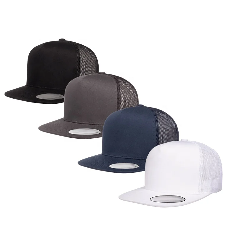 Structured Stretch Flat Brim Plain Gorras Custom Cotton Blank 5 Panel Flex Mesh Fitted Snapback Cap Trucker Hats