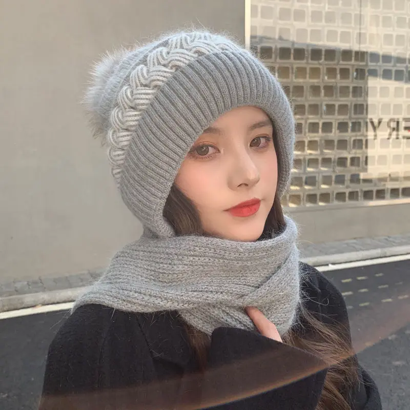 Winter Hat Scarf Ear Muffs Fashion Style Snowproof Neck Warmer One-piece Hood Knitted Cap Warm Ear protection Hat