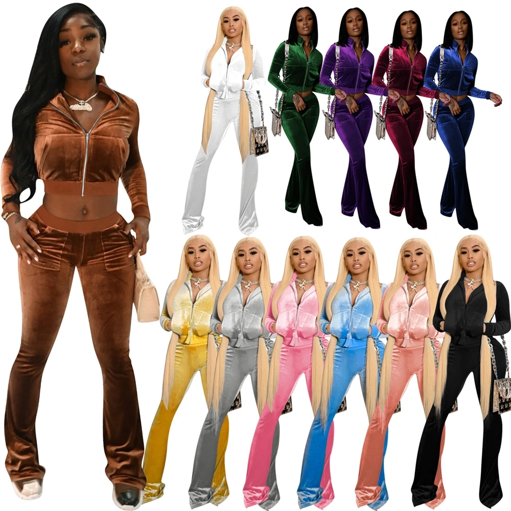 stock fall winter velvet sets for women warm fashion suits  clothing 2021 new arrival two piece hoodies long flare pants outfits