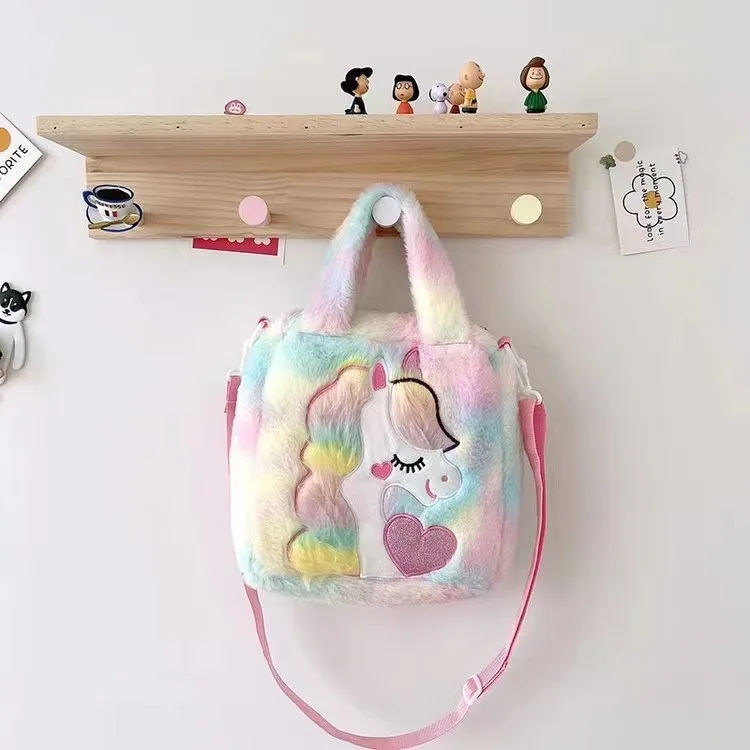 2024 Fashionable Cute Infant Girls Birthday Gift Cartoon Single Shoulder Small Pearls Plush Fur Unicorn Purse Handbag For Kids