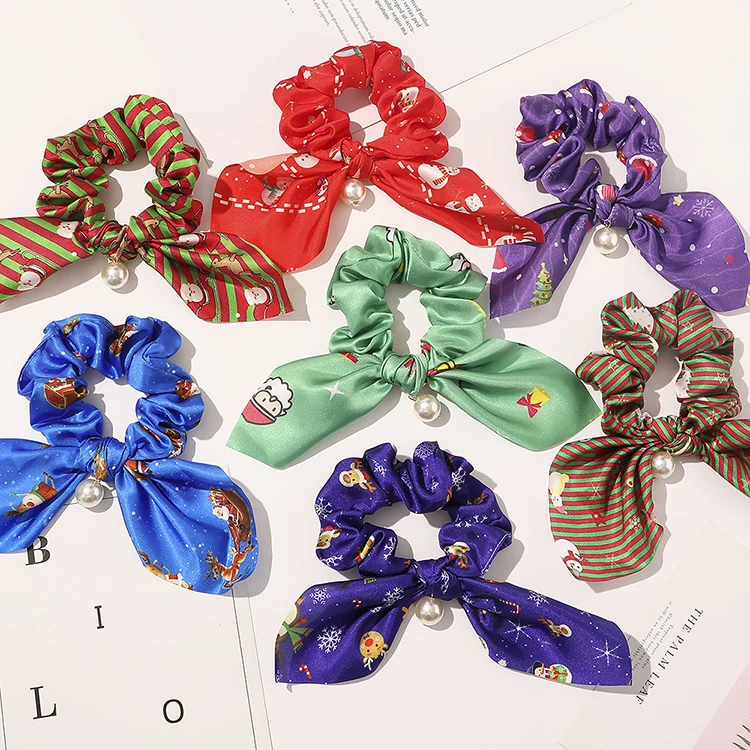 Yucat Custom Print Rabbit Ears Satin Pearl Scrunchies Scrunchy Accessories Fabric Elastic Hair Bands Christmas Cord Hair Ties