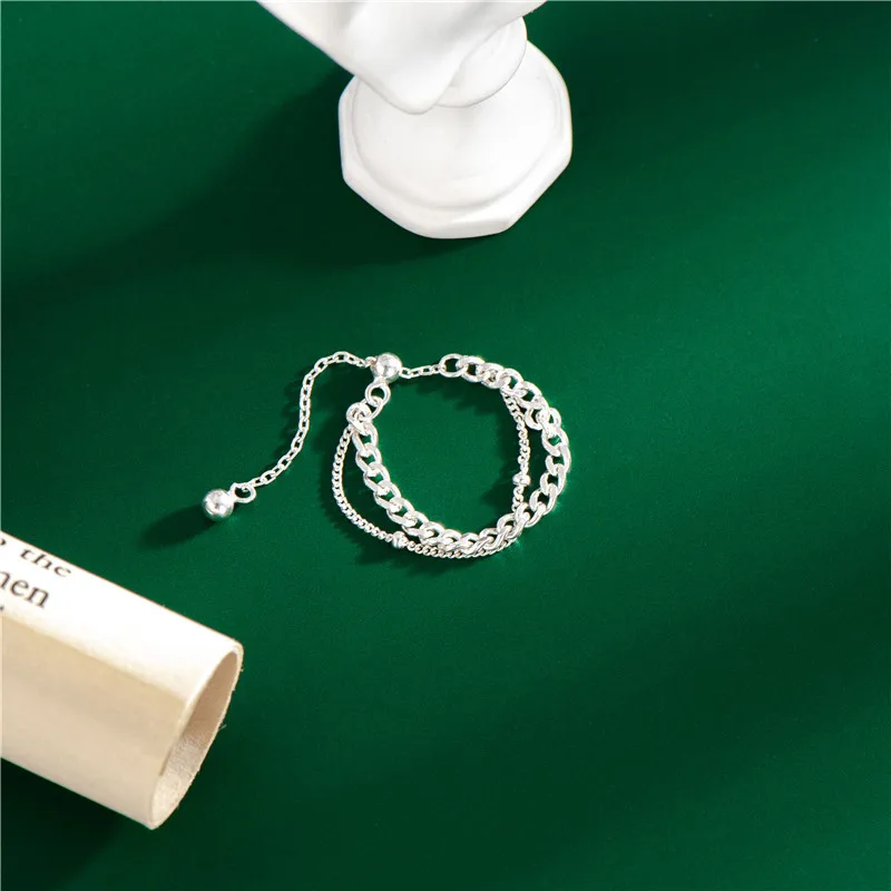 Fj S925silver Sparkling Double Layer Chain Ring Simple Twin Ring Bracelet