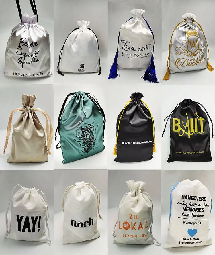 Wholesale price silky satin custom logo drawstring bag for bundles