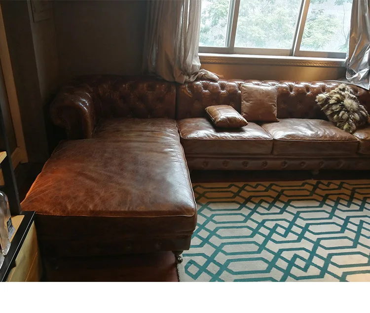 American first layer cowhide sofa set large villa furniture three people american country retro buckle sofa