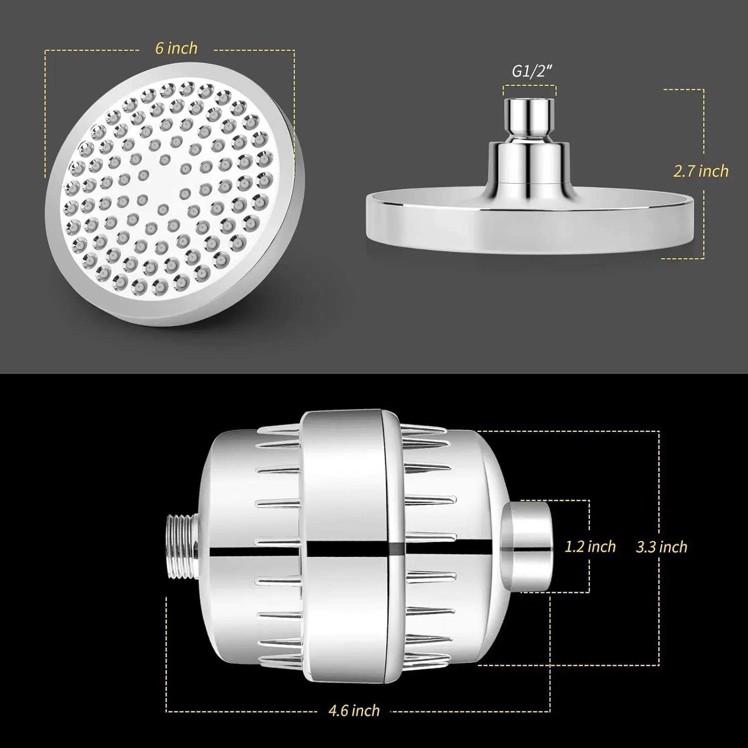 Filtered 6 Inch Shower Head 15 Stage Filter Combo Hard Water Detachable Softener Remove Chlorine Fluoride