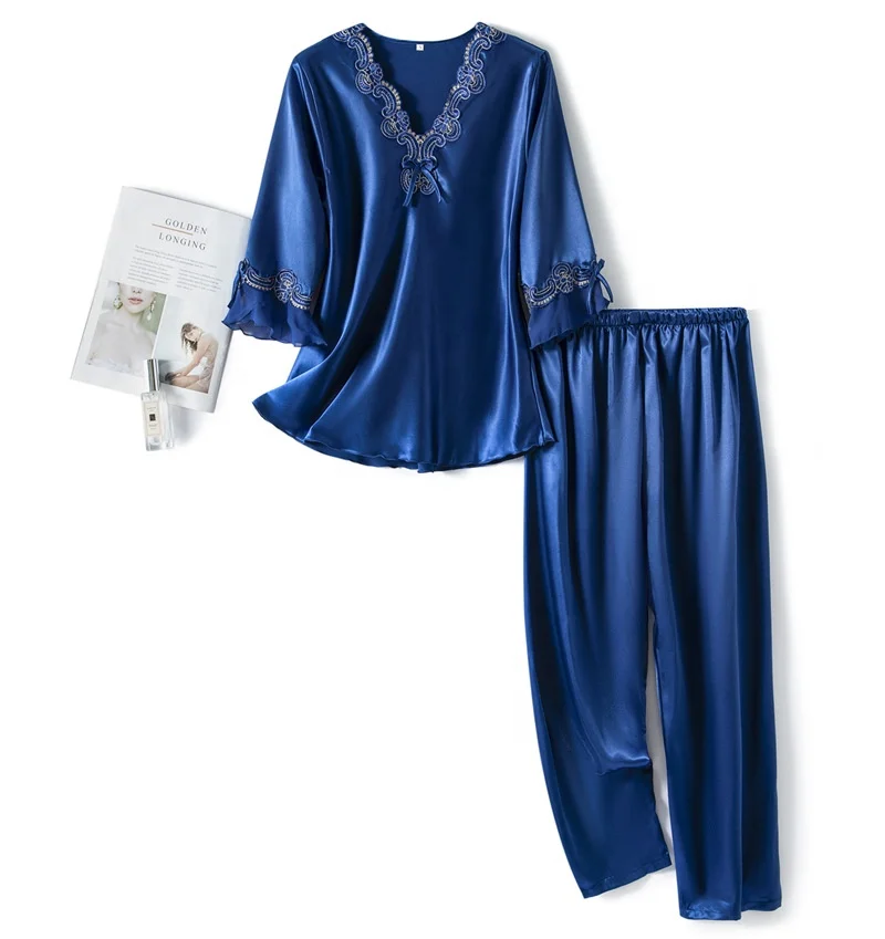 2024 Hot selling  Luxurious Silk Women Pajamas Set for Summer Night  Plain Color Satin Sleepwear For Women