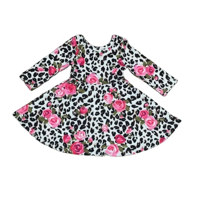 2021 new arrival baby girls valentines rose floral pink heart leopard twirl ruffle dress