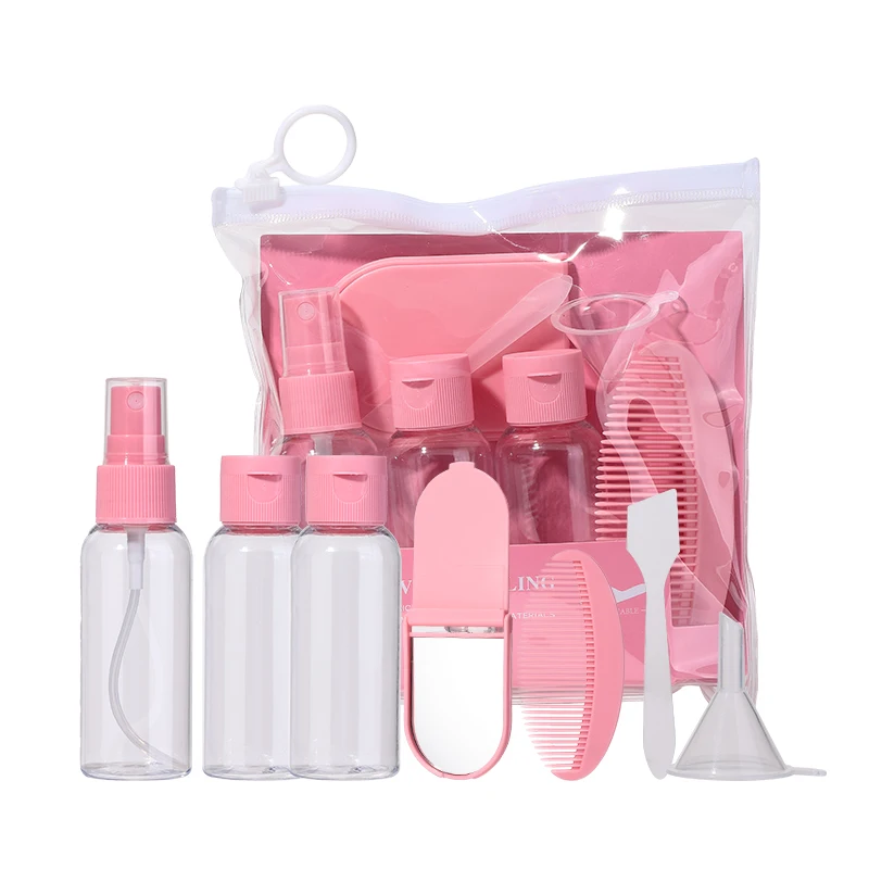 Reusable 7pcs Plastic Toiletries Travel Set 50ml Cosmetic Dispensing Container Lotion Spray Flip Cap Bottle Jar With Mirror Comb