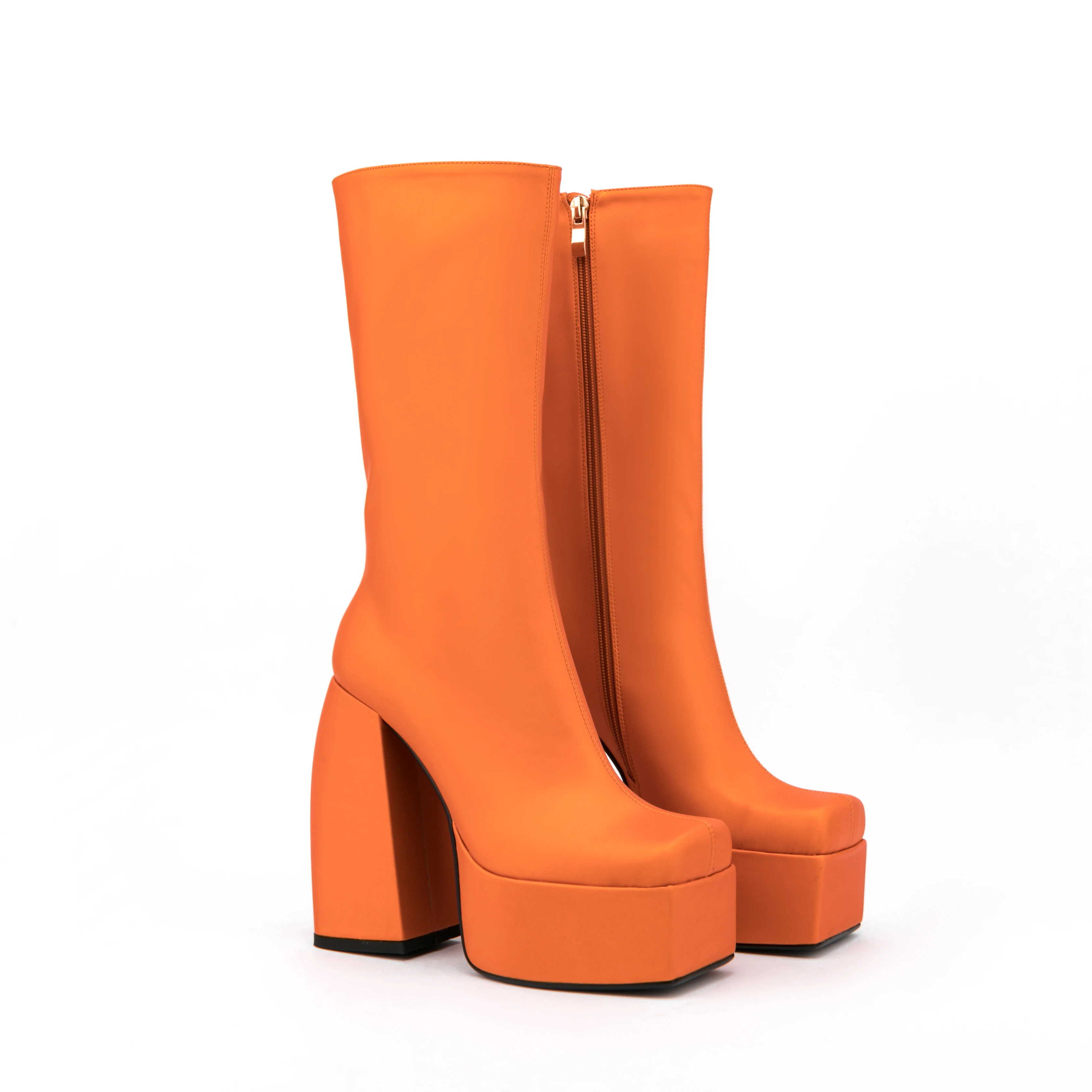 High Quality Handmade Female Half Knee High Boots Square Toe Side Zipper Thick Heel Ladies Platform Short Booties Big Size 43