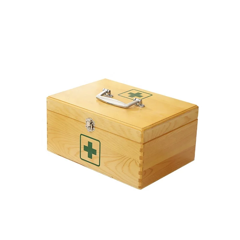 Household Medicine Chest Portable empty wooden first aid kit Two-layer Medical box bag Medicine Storage