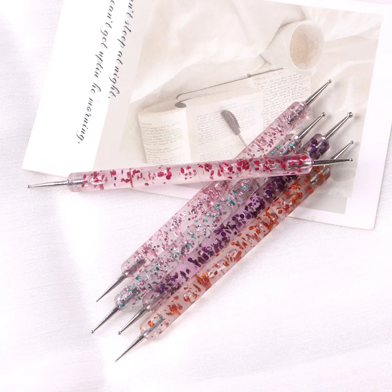 TSZS Professional Colorful Acrylic Nail Art Two Head Brush Dotting Pen 5pcs Set Glitter Handle Nail Picker Dotting Pen Tool