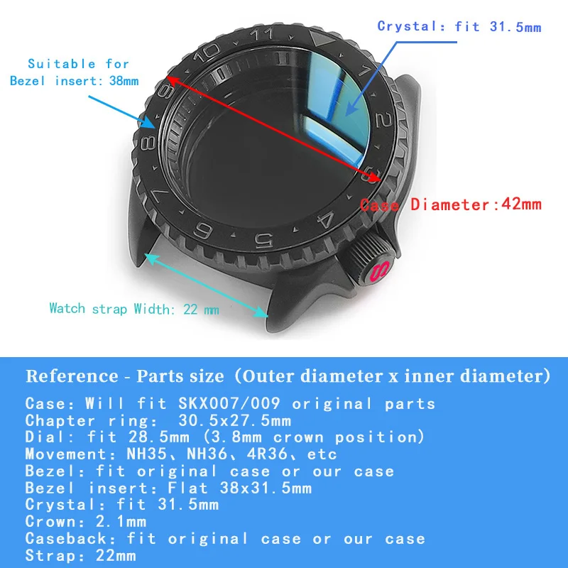 Brushed Watch Case With Ceramic Bezel Insert Stainless Steel Case Sapphire Glass For SEIKO SKX007 009  20ATM  Diving Watch Parts