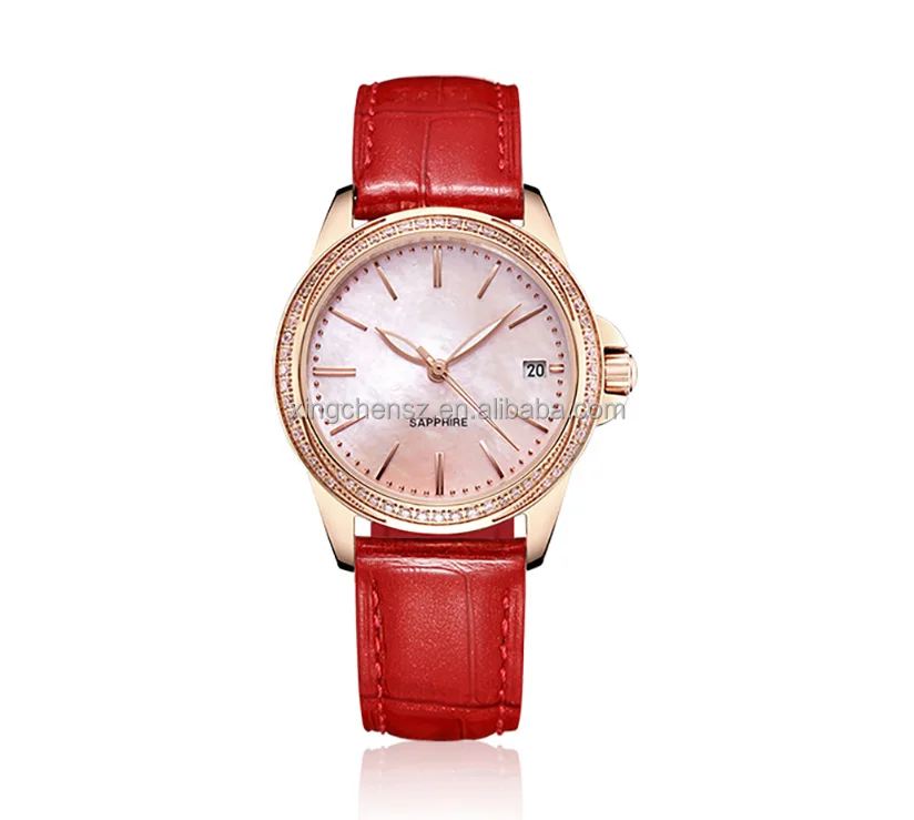Strong luminous hands rose gold color pearl dial leather strap diamond  waterproof women quartz wrist watches