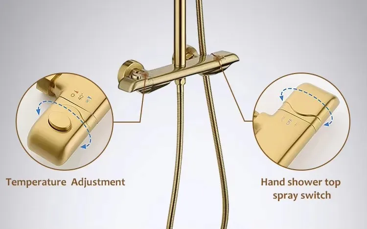 Luxury Round Rainfall Exposed Wall Mounted Bathroom Mixer Taps Thermostatic Gold Shower Set