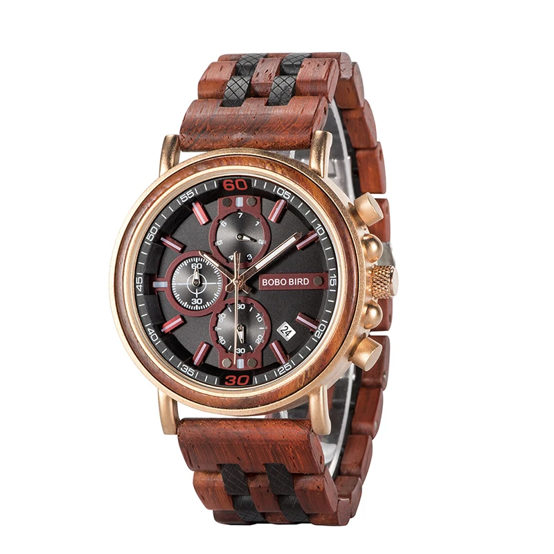 BOBO BIRD Handmade Stainless Steel Montre Homme Wood Watches Stop Function Watches Mens Top Brand Wood Watches with OEM LOGO