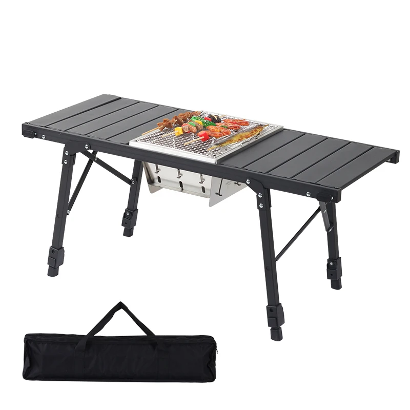 2023 Korea New Design Outdoor Fold Away Assembly Black Aluminum Collapsible Cooking Bbq Camping Grill Table