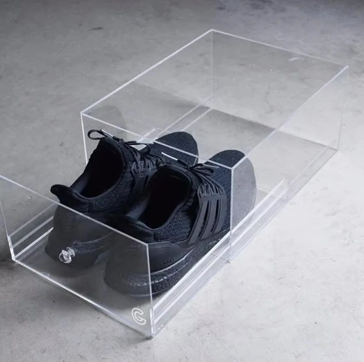 Spring Sgin transparent clear pmma men sneaker yeezy nike display cases acrylic shoe box with drawer