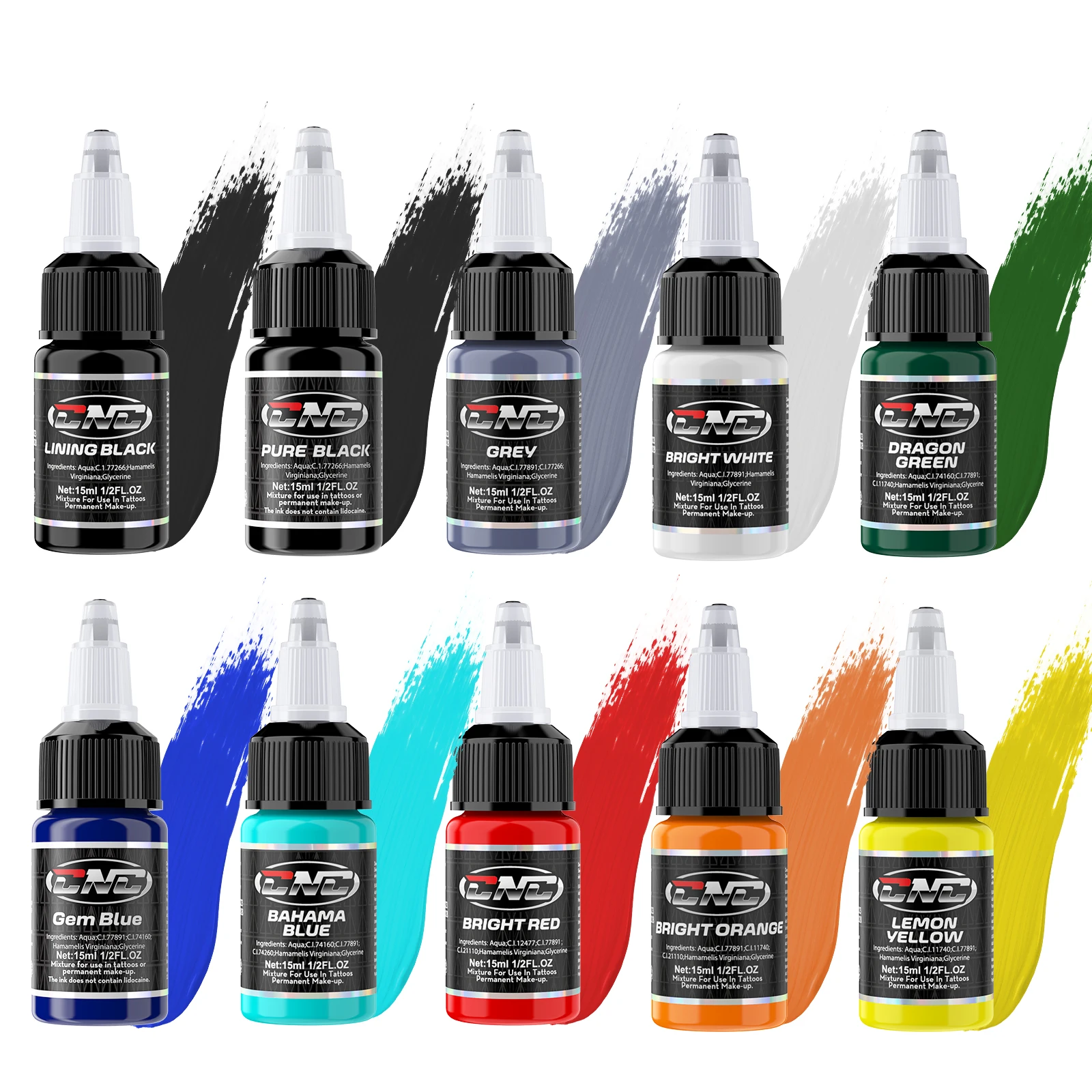 2025 CNC Multi Color 15ML 1/2 OZ Tattoo Ink Precision Tip Bottle 10 PCS Package for Professional Tattoo Artist or Amateur
