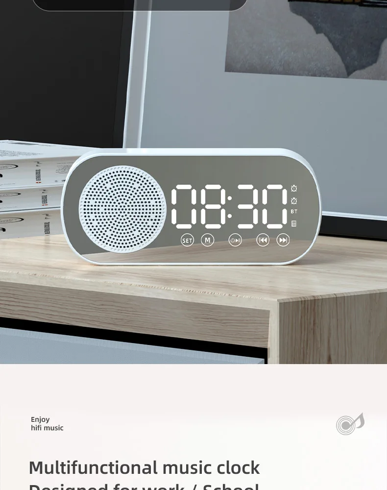 2022 New Product Alarm Clock With Mirror Digital Clock USB Charging Mini Portable Bluetooth Speaker