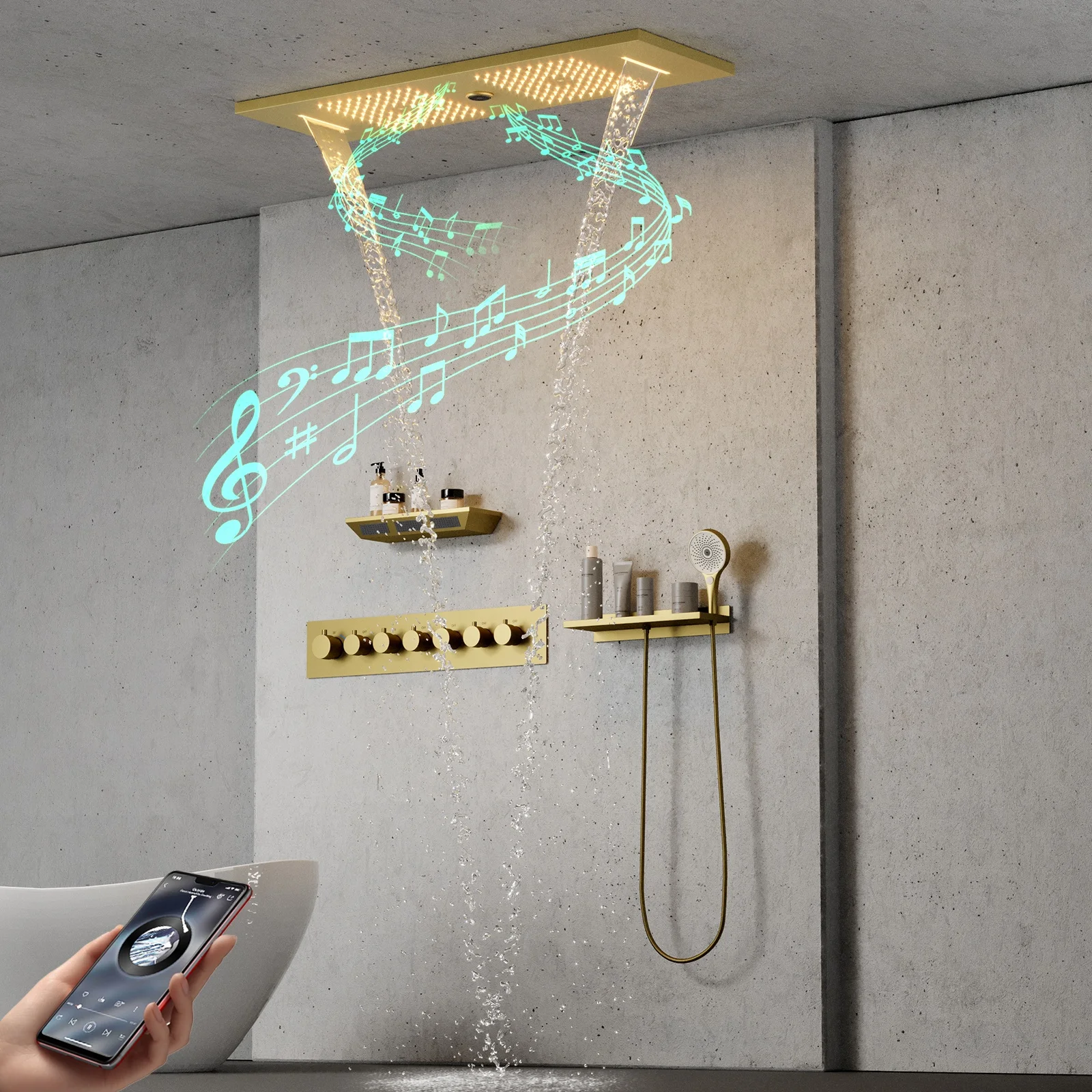 Bathroom 36*12inch LED Big Ceiling Shower Head Brushed Gold Shower System Thermostatic Shower Faucet Set With Music Speakers