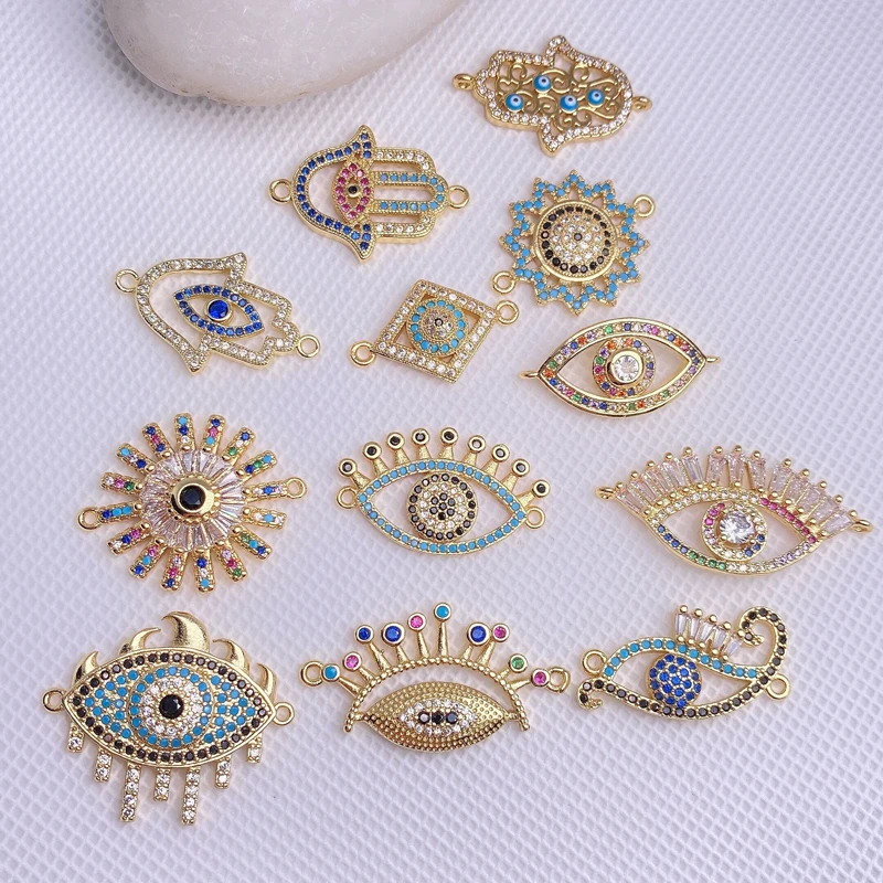Wholesale 24K Real Gold Plated Cubic Zircon Paved Eyes Charm Connector for Jewelry Making Christmas