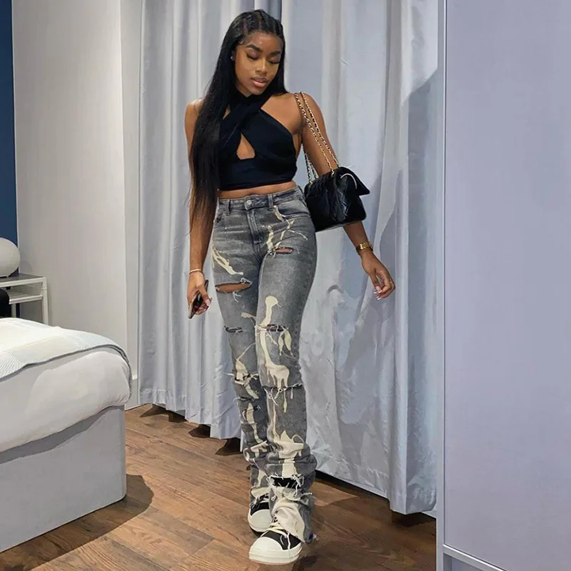 Hot Trendy Printing Cotton High Waist Denim Pants Ladies Wholesale Stacked Pants Ruched Trousers women printed jeans