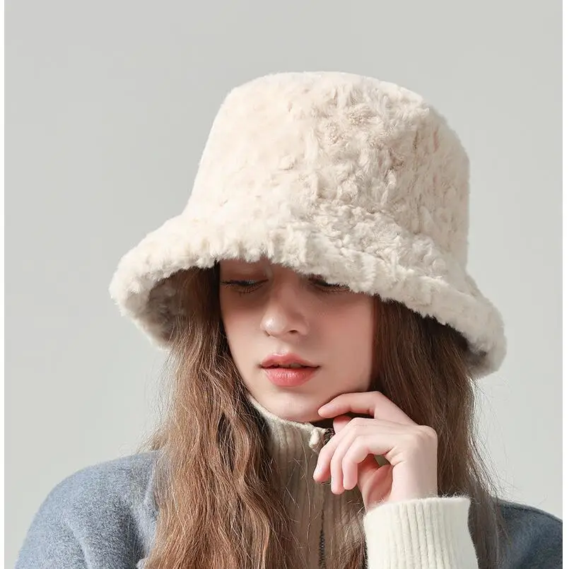 Women Large Size 60CM Fuzzy Solid Faux Fur Bucket Hat Plush Party Warm Soft White Fox Fur Winter Hat