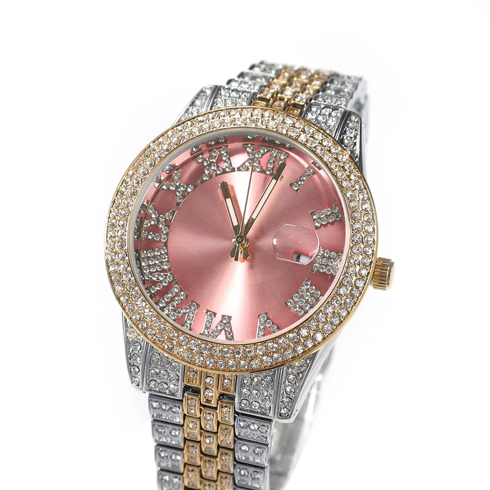 New fashion couple hip hop full diamond pink round large dial waterproof men women Quartz Watch