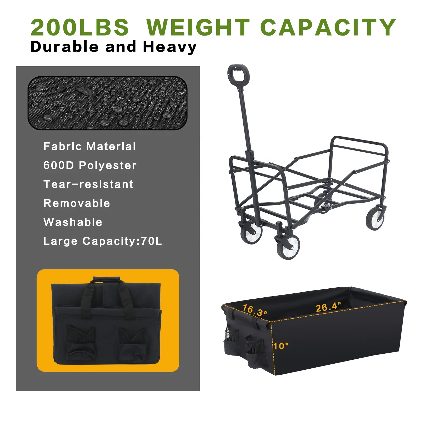 Eaynon Garden Beach Camping Cart Collapsible Folding Wagon Small Foldable Portable Outdoor Black Folding Car for Shopping 70L