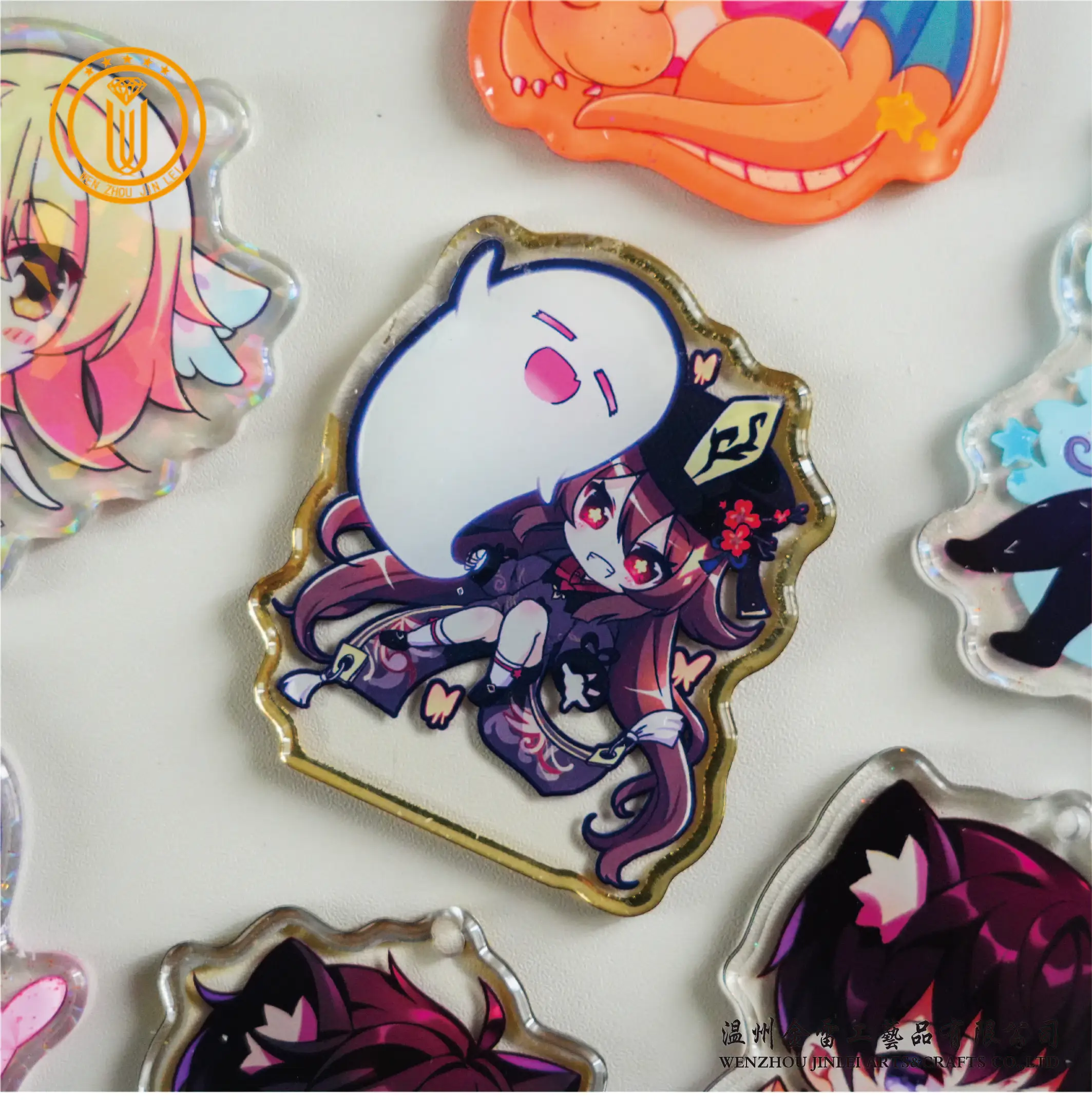 Jinlei custom anime character popular rainbow laser glitter charms hologram epoxy plastic acrylic keychains