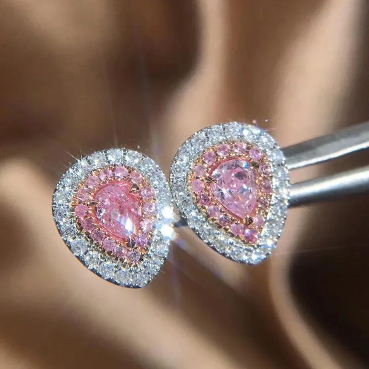 18 carat 18K AU750 Wholesales Pear Cut Pink Diamond Stud Earrings Jewelry