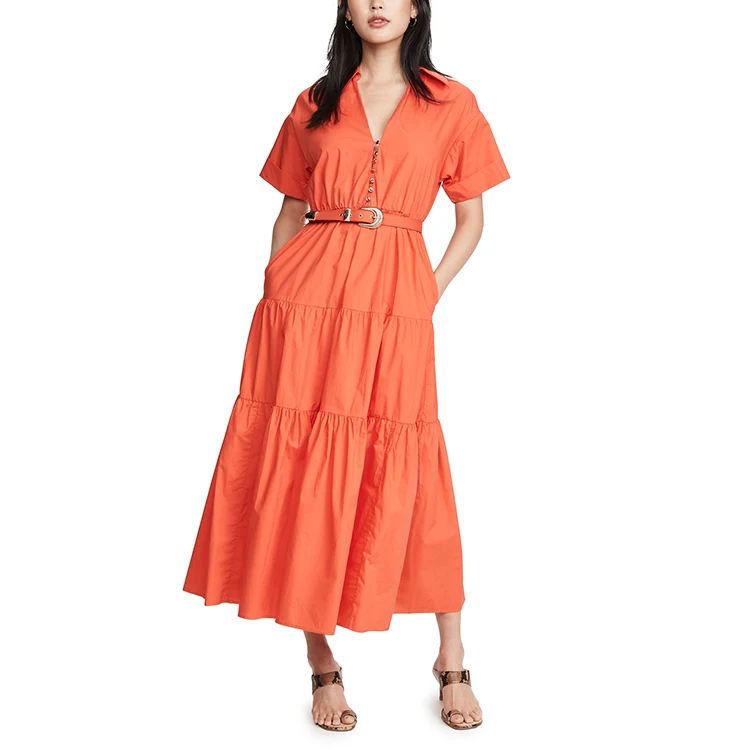 OEM Elegant Casual Fashion Ladies Turn up Short Sleeves V Neckline Belt Design a Line Women Dresses