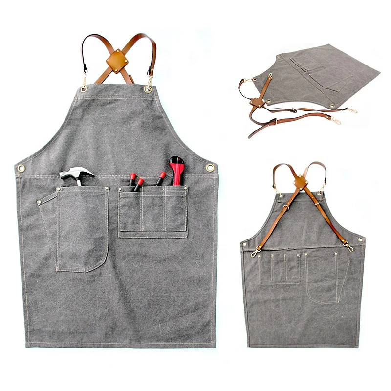 Fashion adult canvas kitchen leather shoulder strap brand apron custom logo bistro mesh aprons for compact spinning