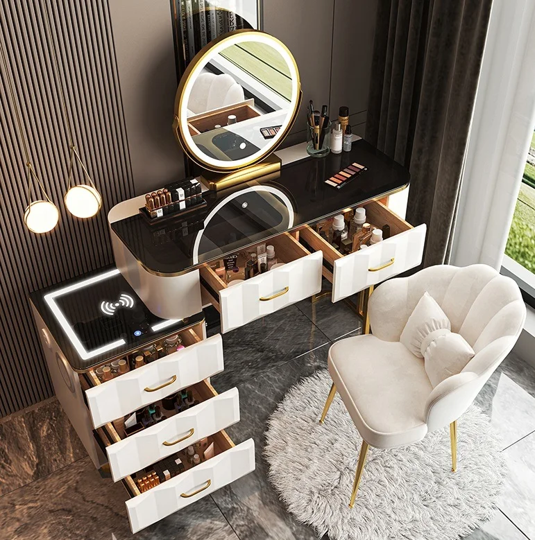 Modern Style Wireless Charge Furniture Vanity Makeup Dresser Set Design Metal Feet Bedroom Dressing Table With Led Light Mirror