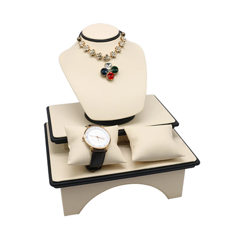 OEM LOGO Custom PU leather Insert Luxury Jewelry Shop Exhibitor Showcase Jewelry display Stand Set For Store