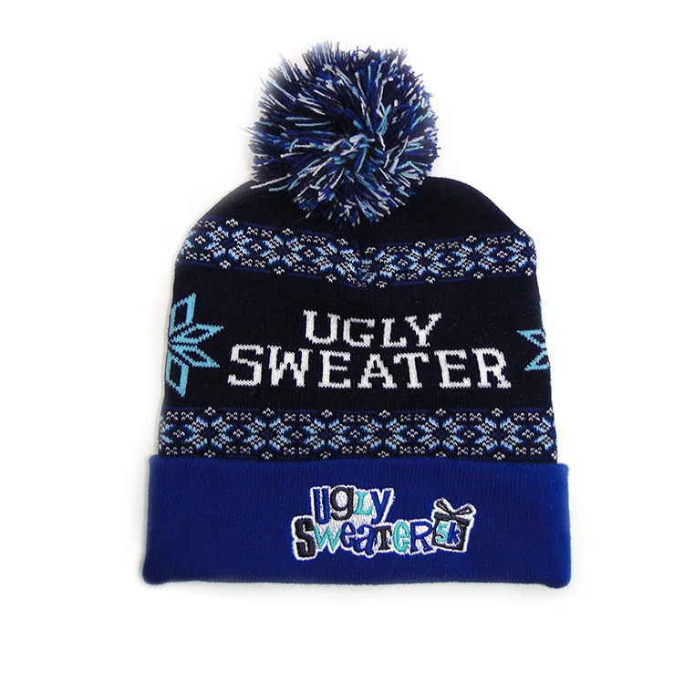 Winter Hat With Top Ball Custom Jacquard Design Acrylic Knit Pom Beanie Men For Football Team Pom Pom Beanie