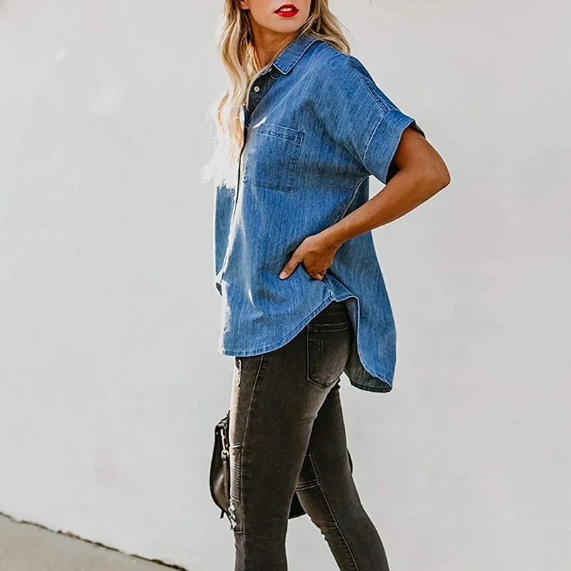 WC001 ODM OEM wholesale summer casual loose fashion denim tops Long Sleeve lapel simple pocket blouse women denim shirt
